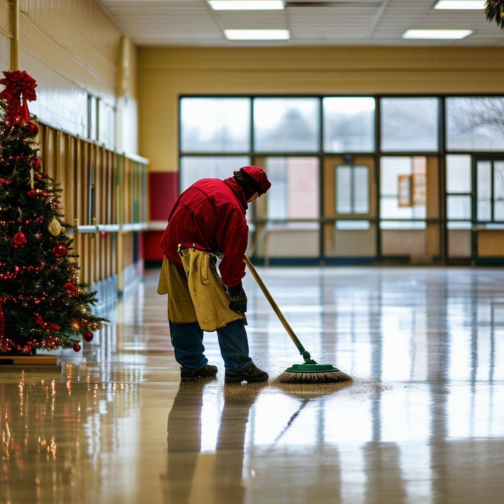 Deep cleaning work is being conducted at an empty school during the holiday season